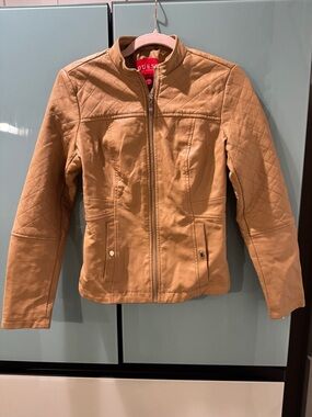 Guess Camel Quilted-Shoulder Faux Leather Jacket